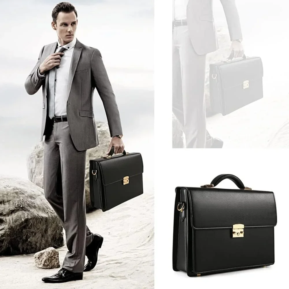 Men's Black Leather Locking Briefcases Laptop Bag